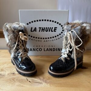 LA THUILE MID CALF HIKER BOOT LEATHER CROC EMBOSSED FUR ITALIAN NIB 36 US 6